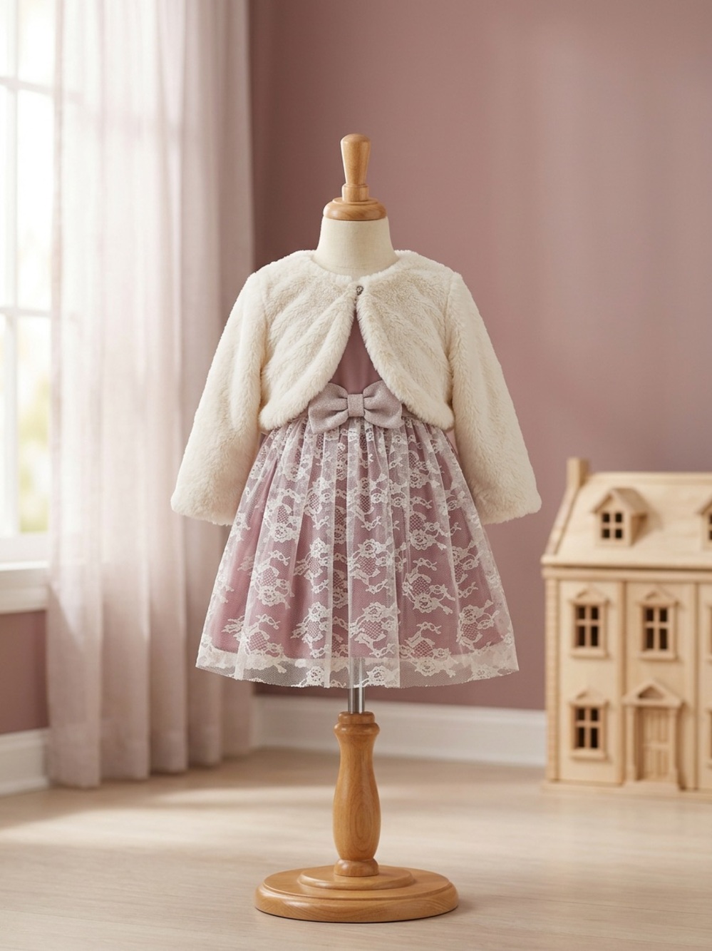 Nicole Miller Pink Lace Party Dress with Cream Faux Fur Bolero